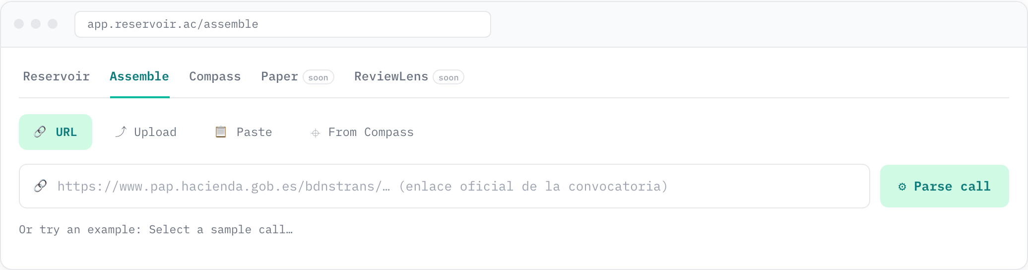 Pantalla de entrada de Assemble con la pestaña URL activa para pegar el enlace de la convocatoria