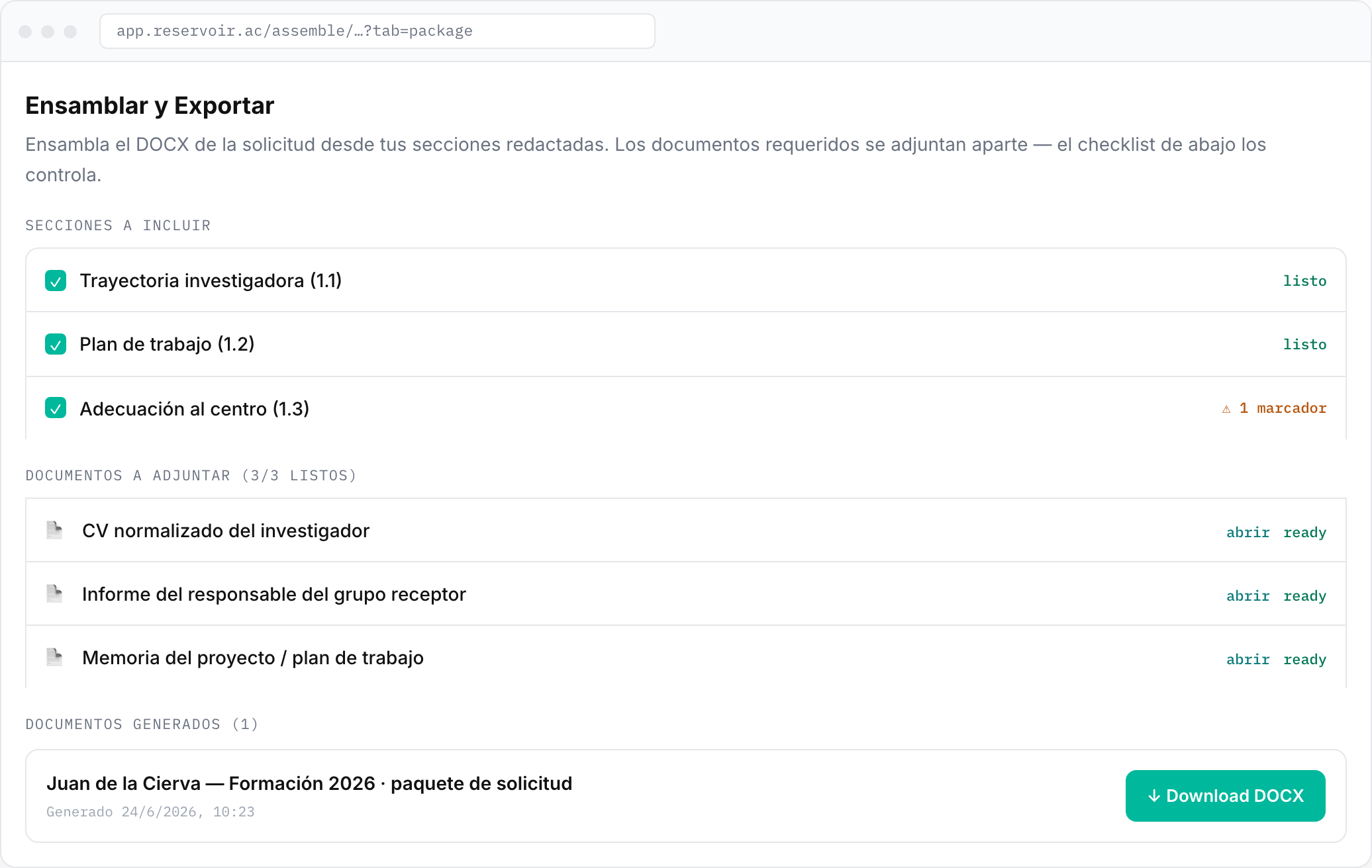 Pantalla de exportación en Assemble con secciones incluidas, documentos 3/3 listos y descarga del DOCX