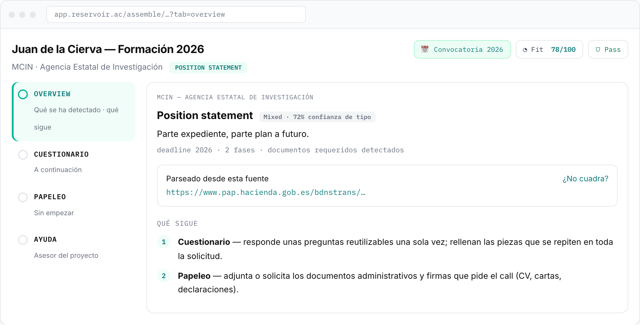 Resumen del proyecto en Assemble: tipo detectado Position Statement, Fit, estado Pass, fases y fuente parseada