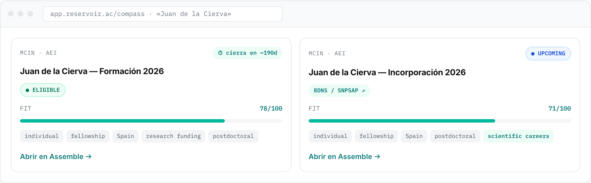 Compass mostrando dos convocatorias Juan de la Cierva con FIT score, estado y etiquetas