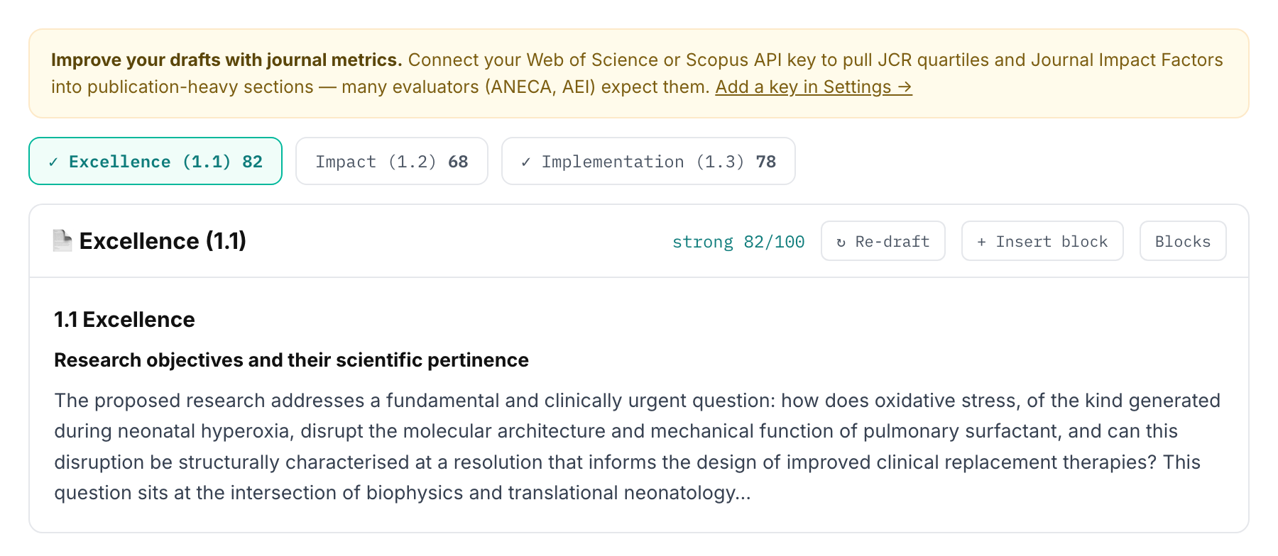 Fellowship Sections editor with tabs Excellence 82, Impact 68, Implementation 78 and a live “strong 82/100” score, plus the journal-metrics tip.